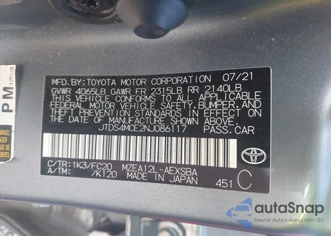 2022 Toyota Corolla Se из США, поврежденный, VIN JTDS4MCE2NJ086117